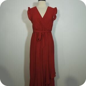 SHEIN Womens Maxi Dress size XL Dark Red Ruffle Trim Cross Front Tie at Waist